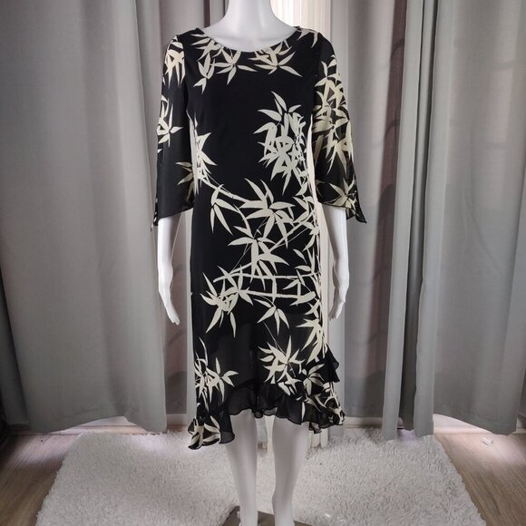 Jessica Howard Black Ivory Bamboo Print Ruffle Hem Midi Dress Size 6 - Picture 2 of 12